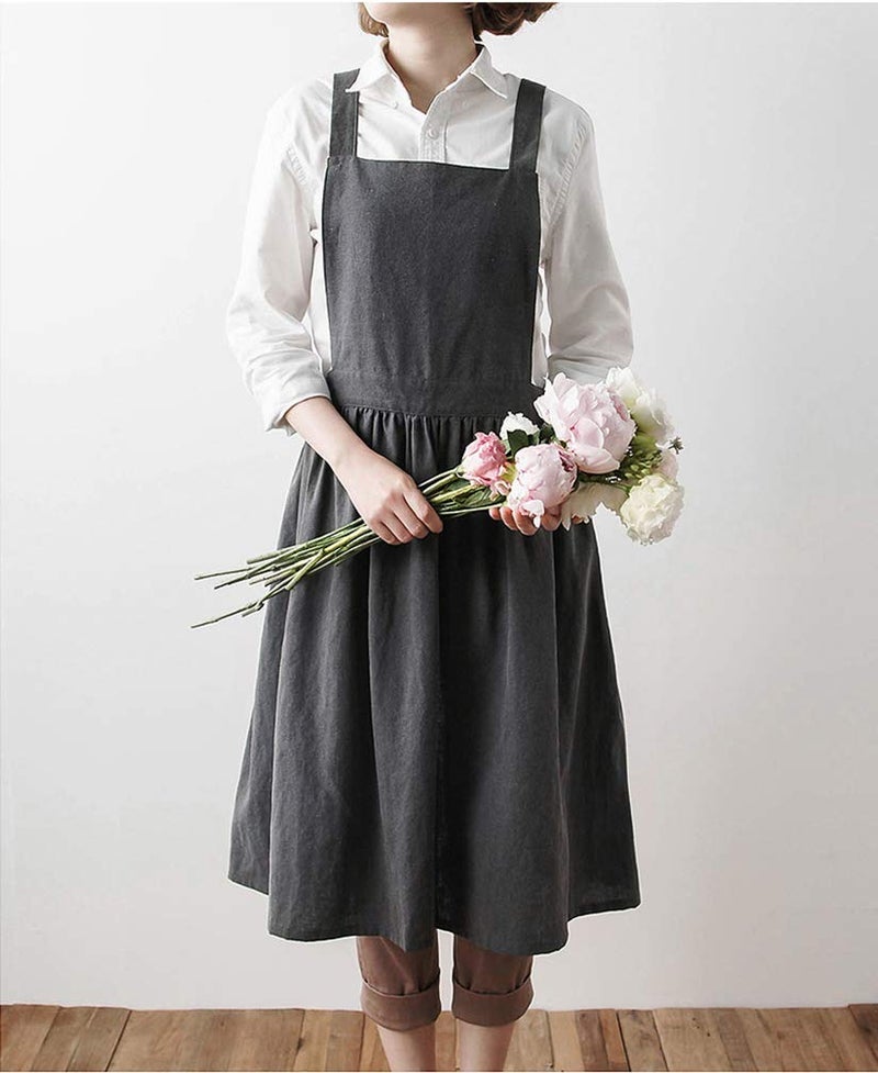 losofar Women Girls Vintage Apron Adjustable Gardening Works Cross Back Cotton/Linen Blend Aprons Pinafore Dress with Two Pockets (grey, one size) - Image 5